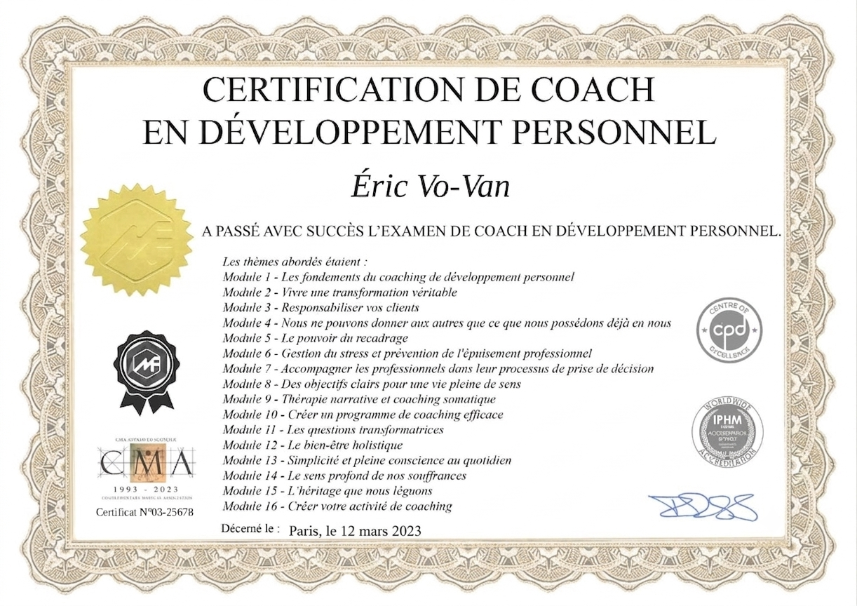 Certification de Coach en Développement Personnel — Éric Vo-Van, certif. N°03-25678