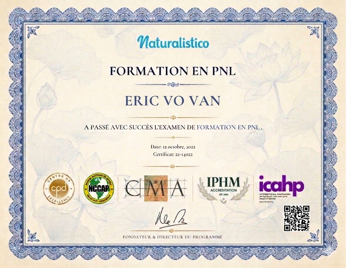 Certificat Formation en PNL — Naturalistico, Éric Vo-Van, certif. 22-14022